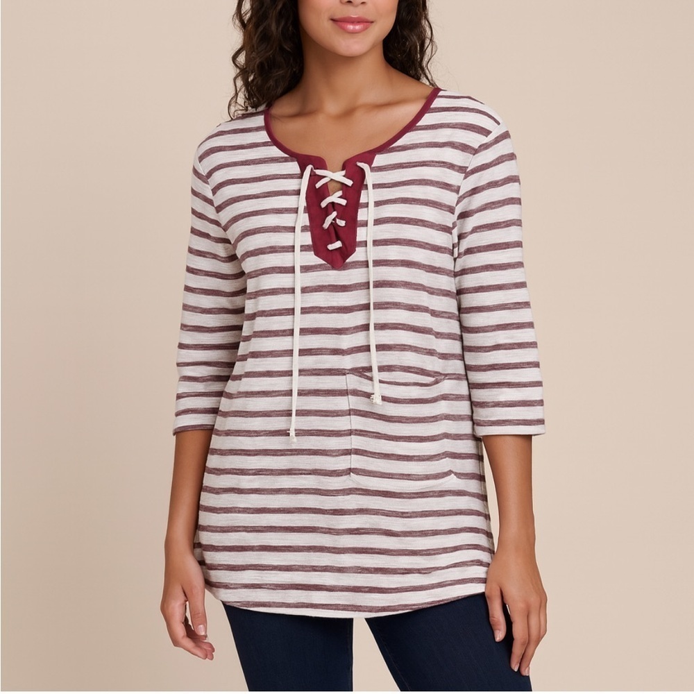 Entro Stripped Lace-Up Tunic Top Size Medium